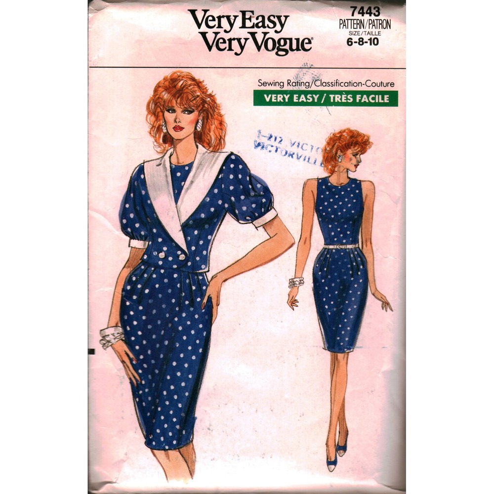 Vogue 7443 Sewing Pattern Dress Jacket Size 6 8 10 Very Easy Polka Dot Vintage